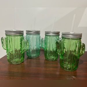 Four Glass Cactus Cups with Jar Lid and Plastic Straw